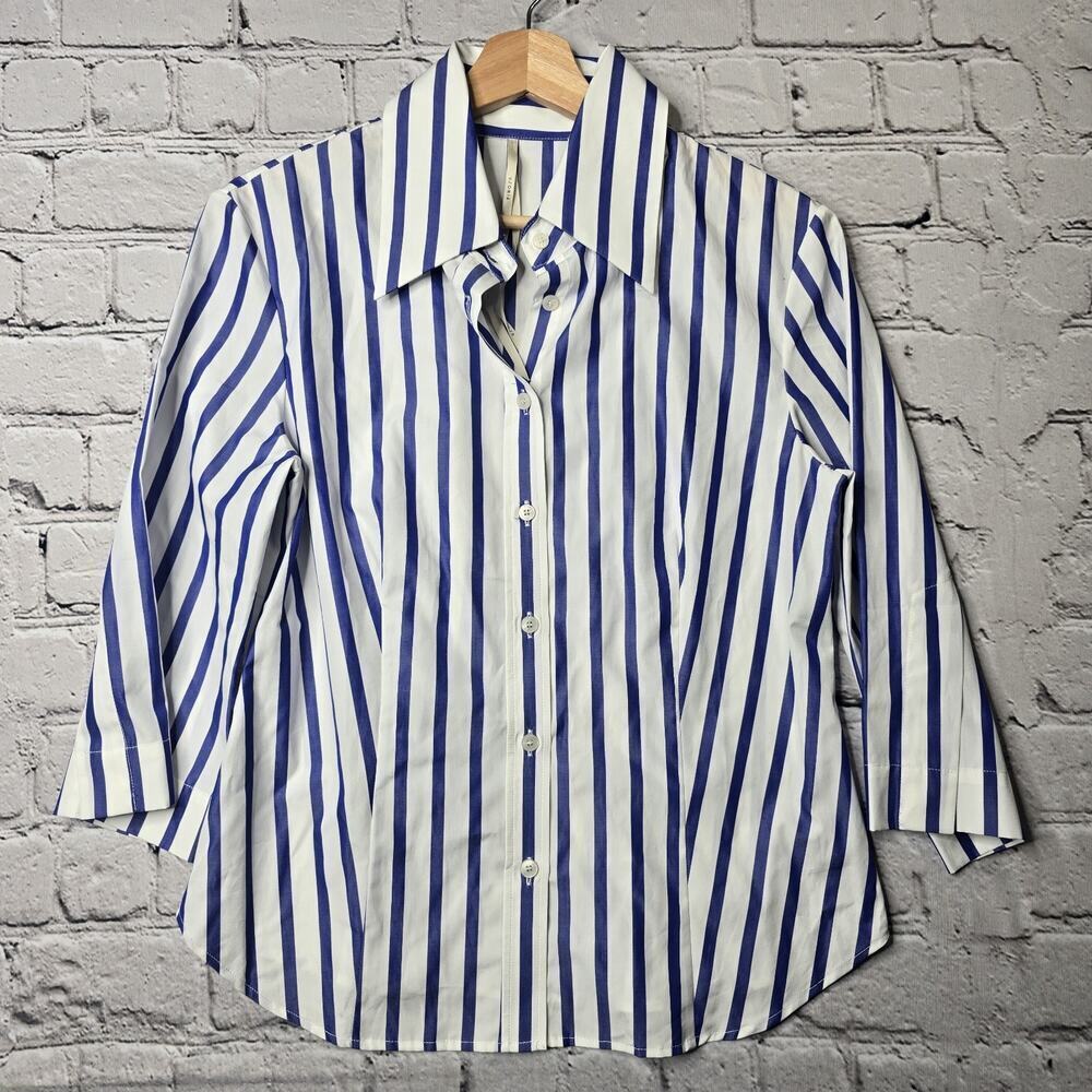 Usonia Womens White Blue Vertical Stripe 100% Cotton 3/4 Sleeve Blouse Size L - Picture 2 of 11